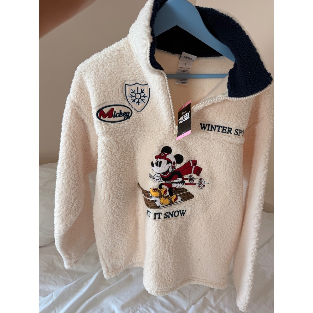 Disney Mickey Mouse Winter Sports Sherpa Fleece Pullover Off White S MYSJYL7